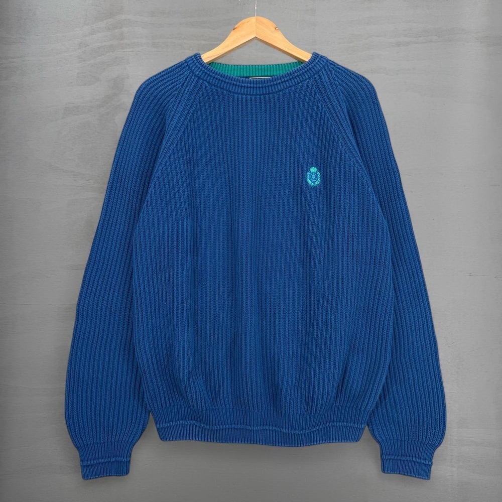 Vintage Chaps Crewneck Sweater Blue Ribbed Knit Embroidered Crest Logo Large